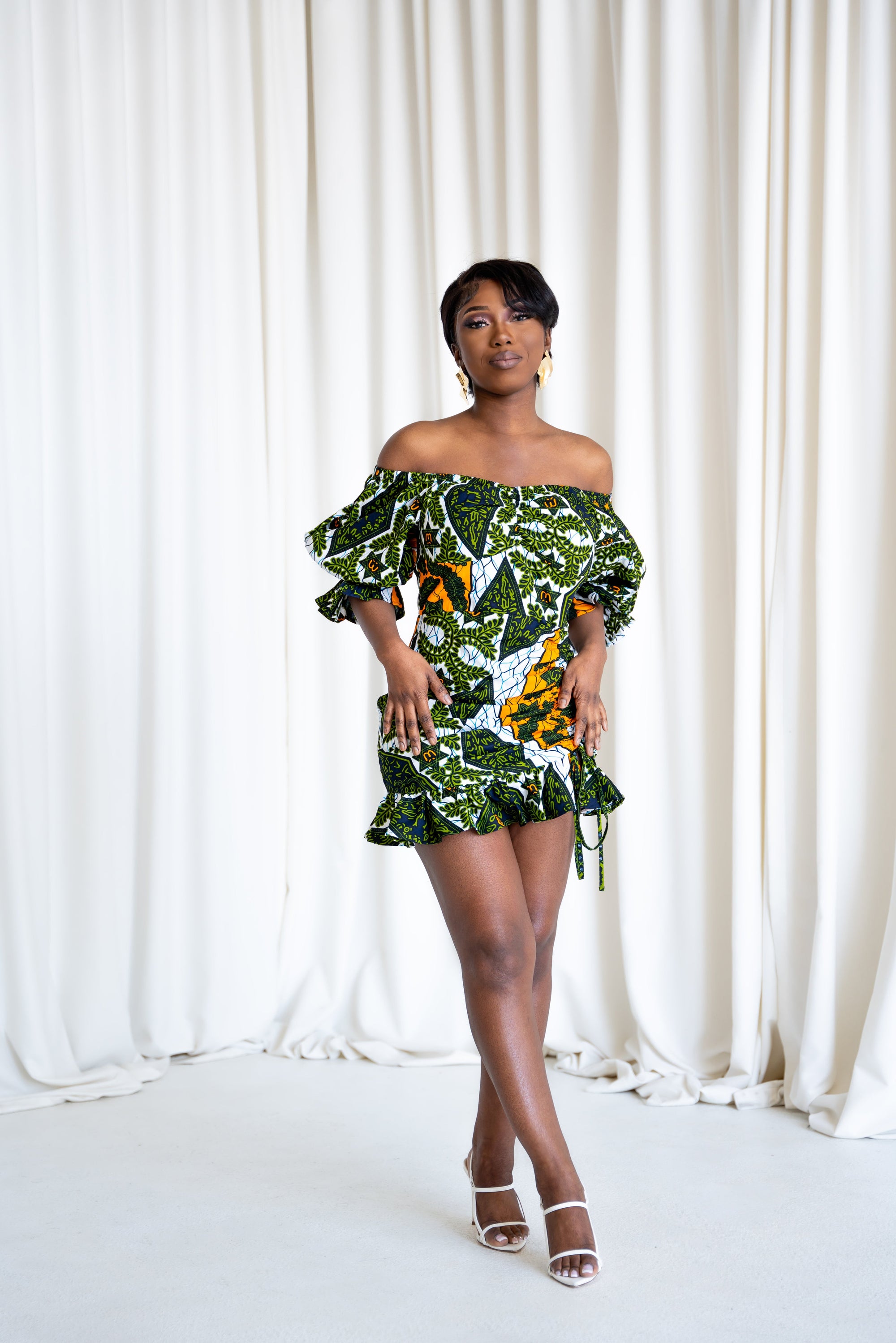 RIMI African Print Ruched Off-Shoulder Mini Dress