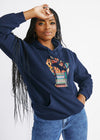 Hamisi Unisex African Print Graphic Fist Hoodie (Navy/ Gold Green Kente)
