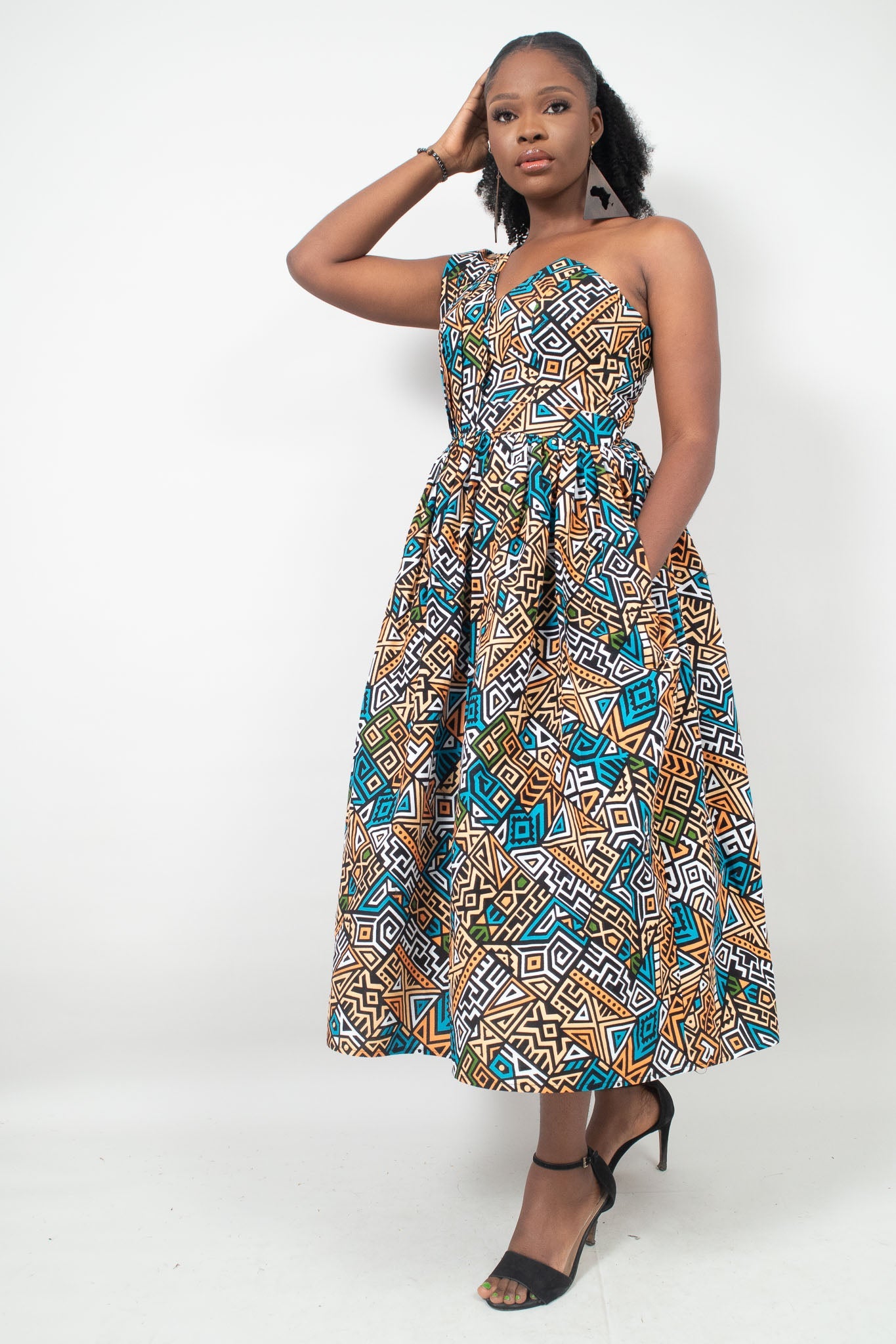KANDE One Shoulder African Print Midi Dress