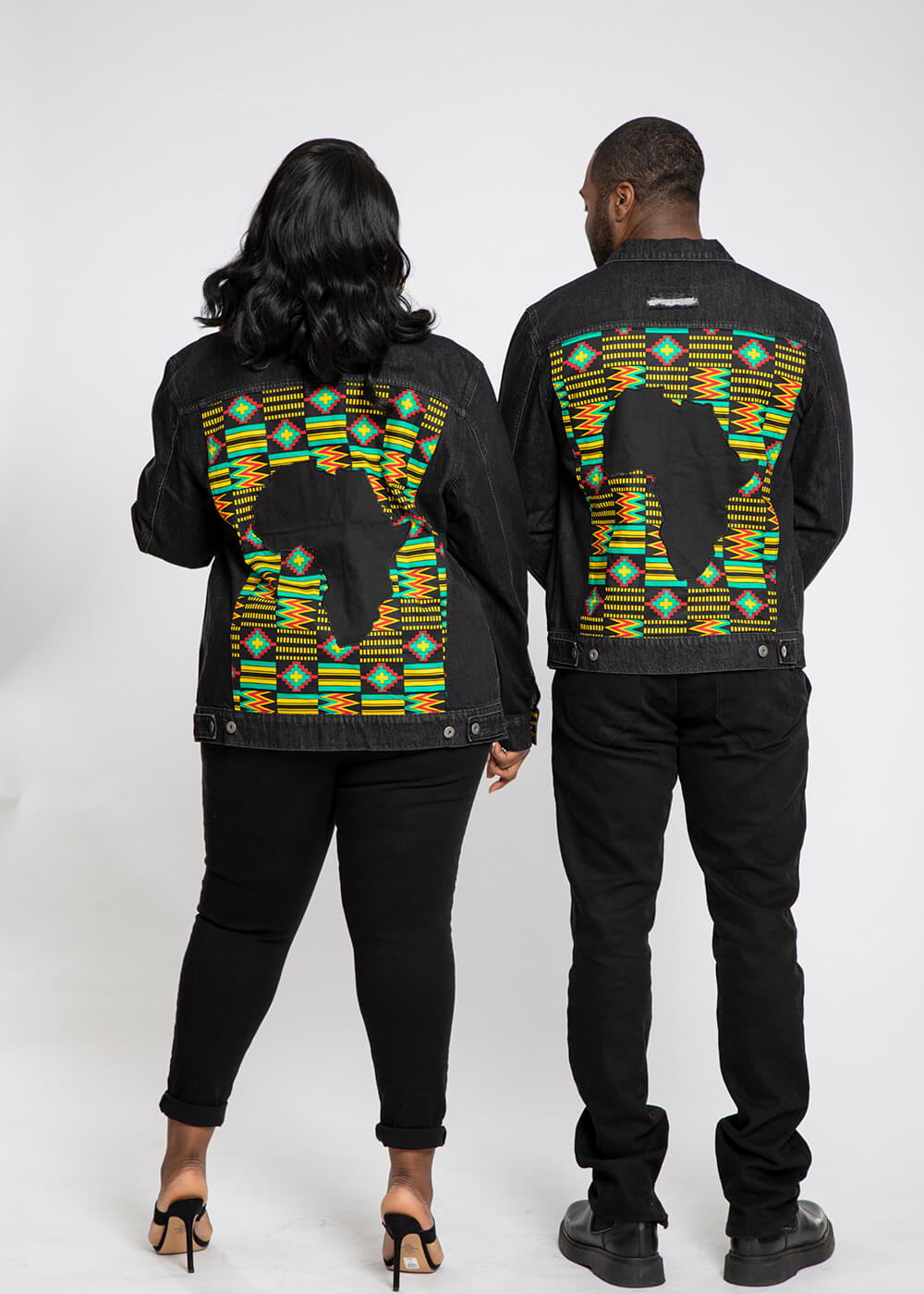 Kele Unisex African Print Denim Jacket with Africa Patch (Black Green Kente)