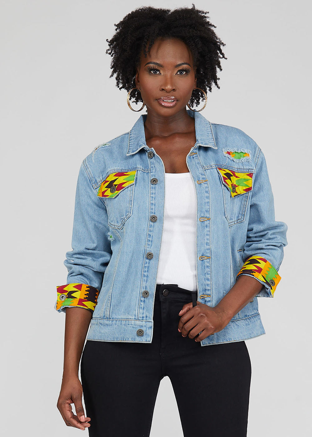 Kele Unisex African Print Denim Jacket with Africa Patch (Gold Maroon Kente)