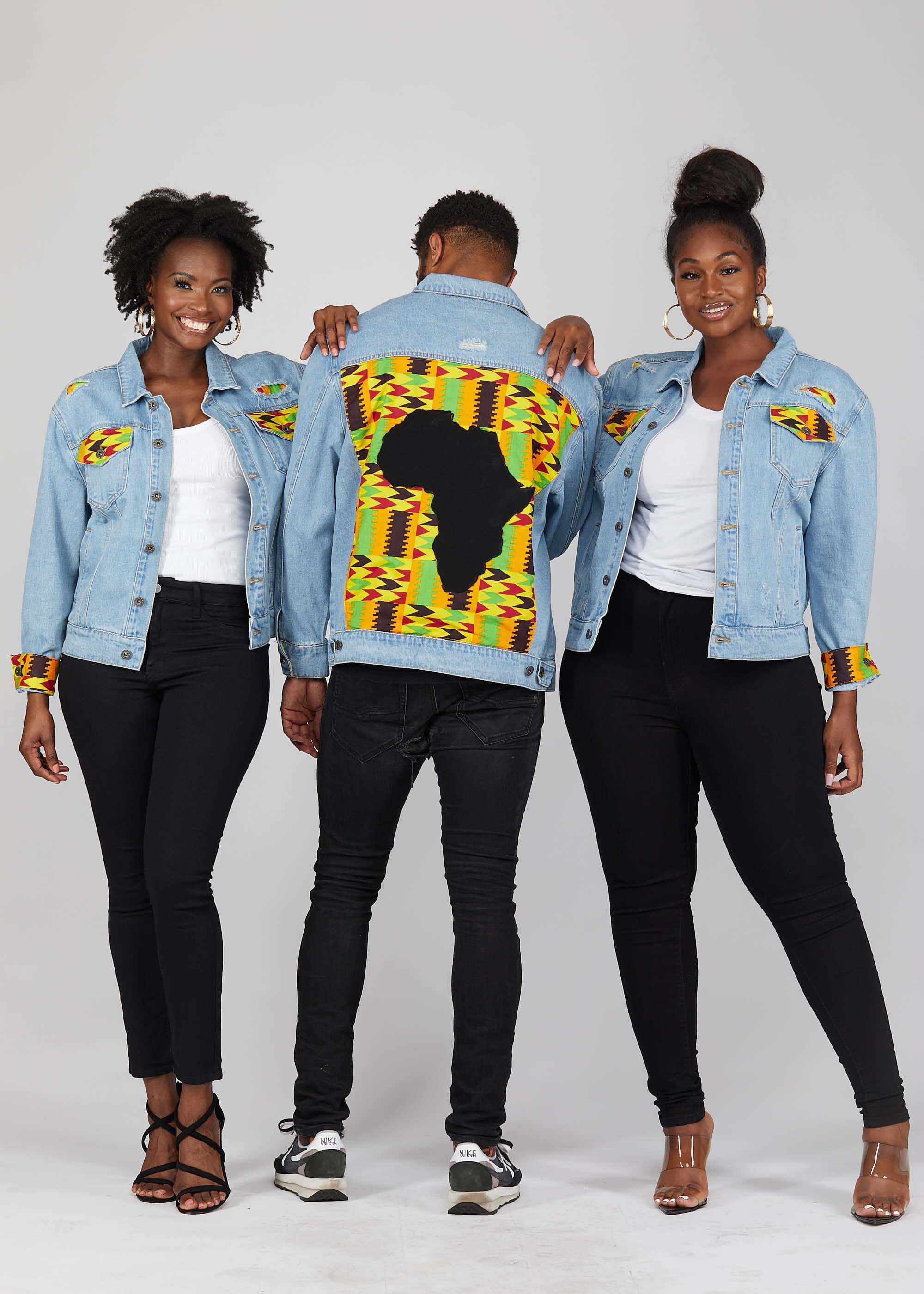 Kele Unisex African Print Denim Jacket with Africa Patch (Gold Maroon Kente)