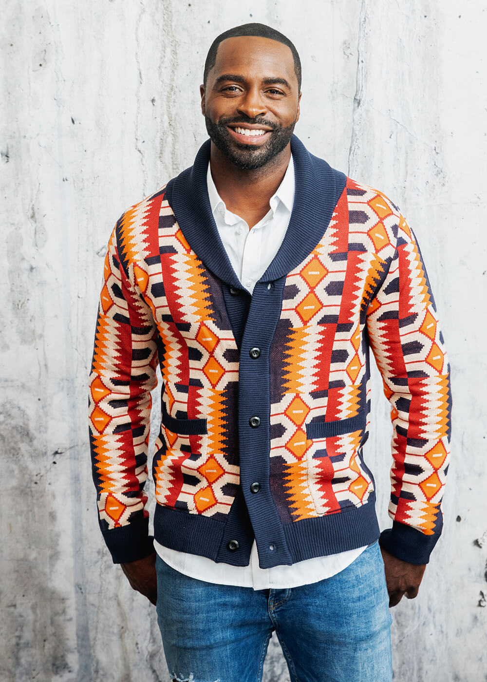Aren African Print Button-Up Cardigan Sweater (Cream Orange Kente)