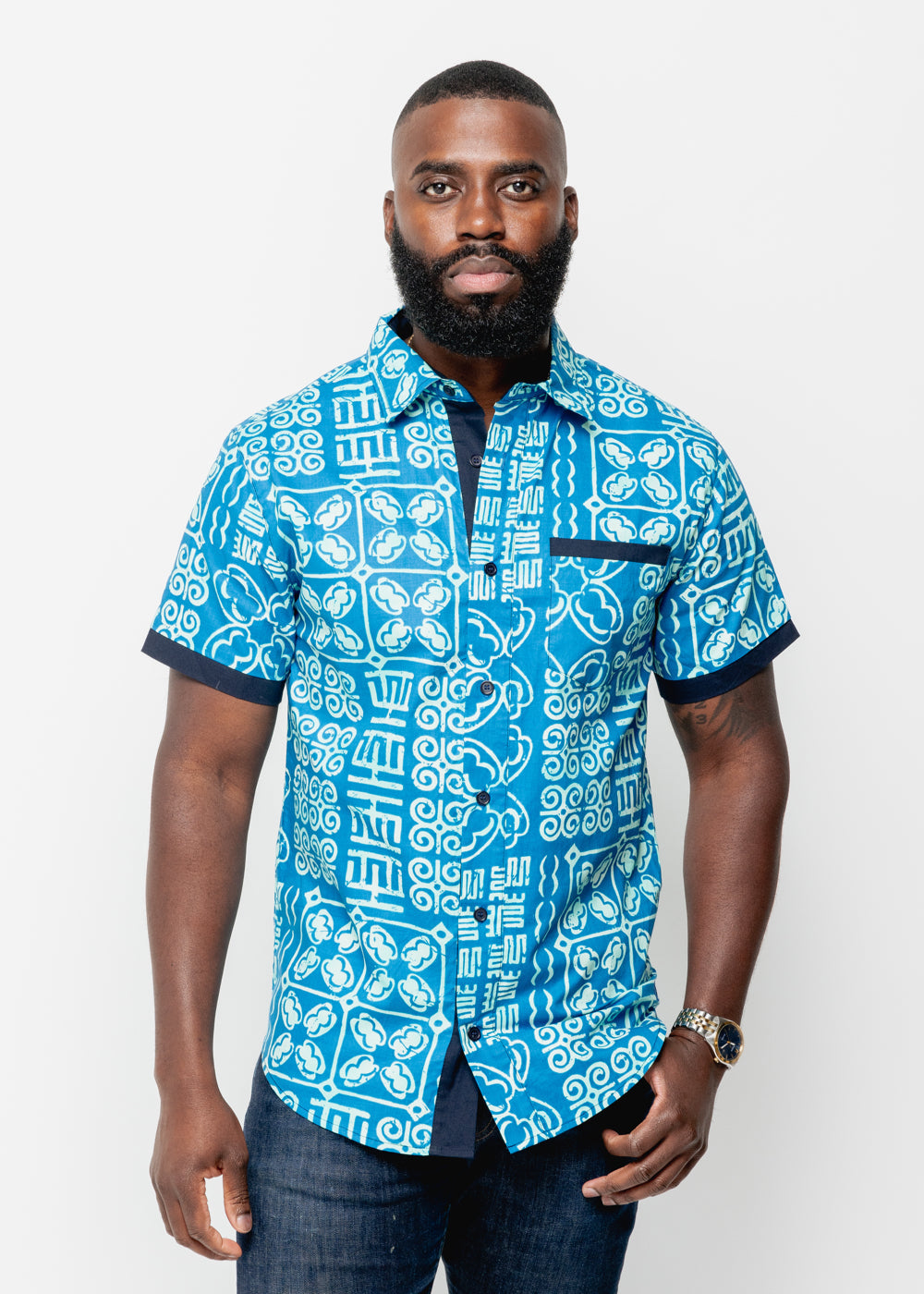 Deion Men's African Print Short Sleeve Button-Up Shirt (Cool Blue Adire)