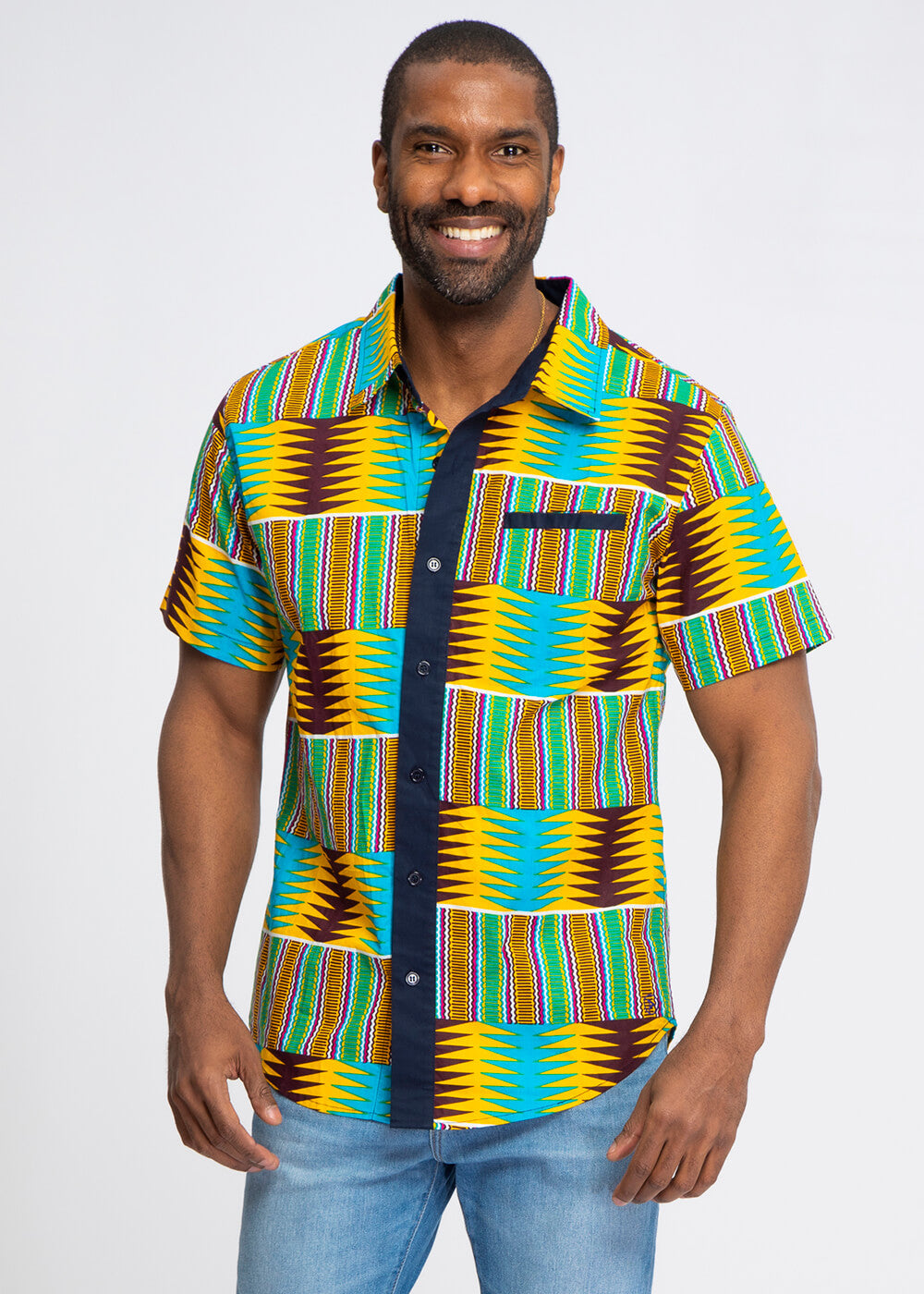 Dhiso Men's African Print Color-Blocked Button-Up Shirt (Turquoise Yellow Kente)