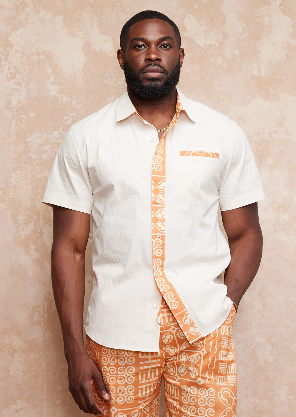 Ekon Men's African Print Color-Blocked Button-Up Shirt (Tan/Light Orange Adire)