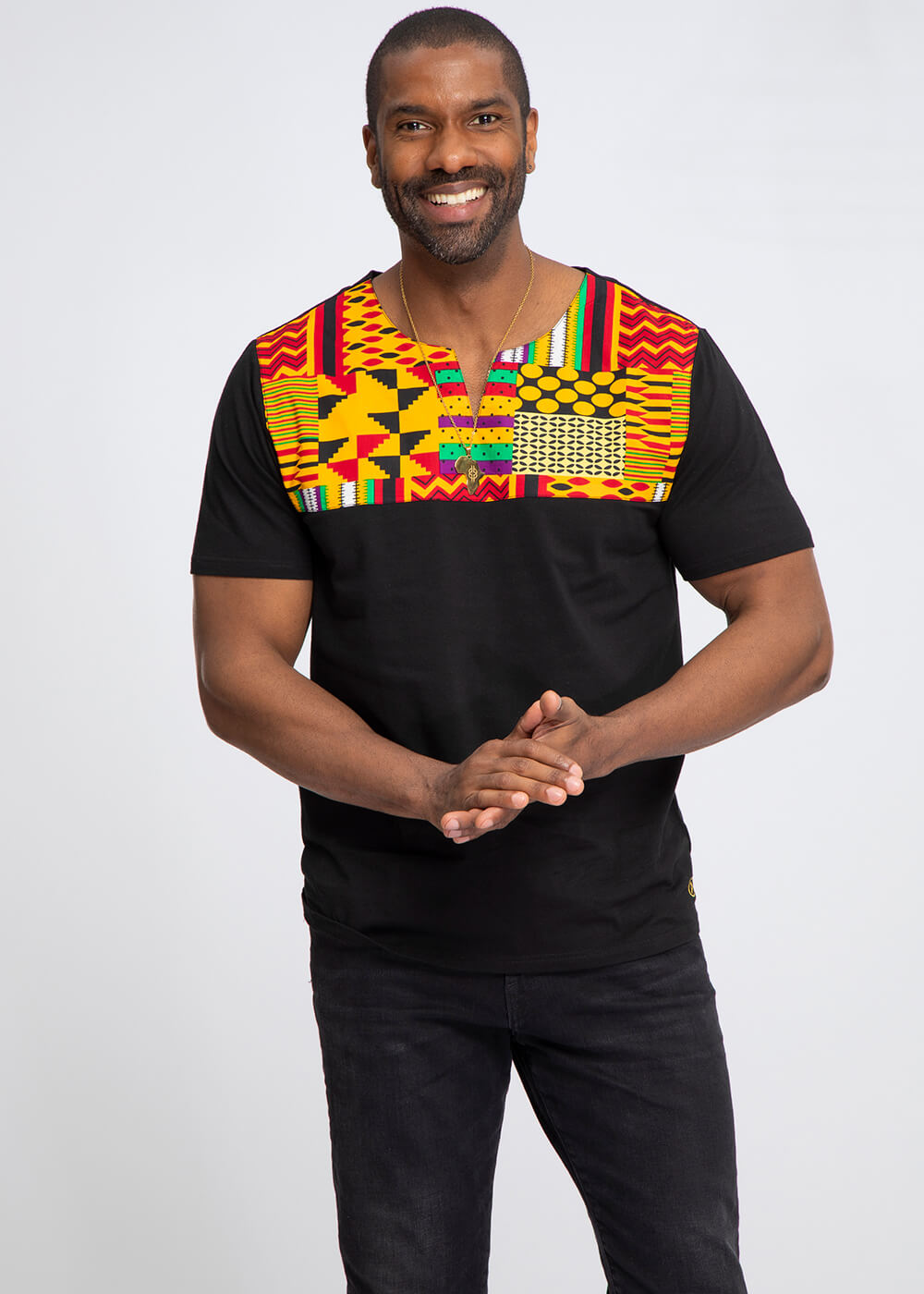 Idi African Print Applique T-shirt (Black/Gold Green Kente)