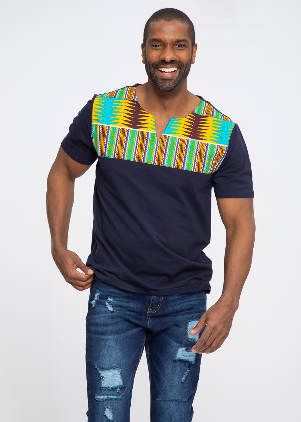 Idi African Print Applique T-shirt (Navy/Turquoise Yellow Kente)