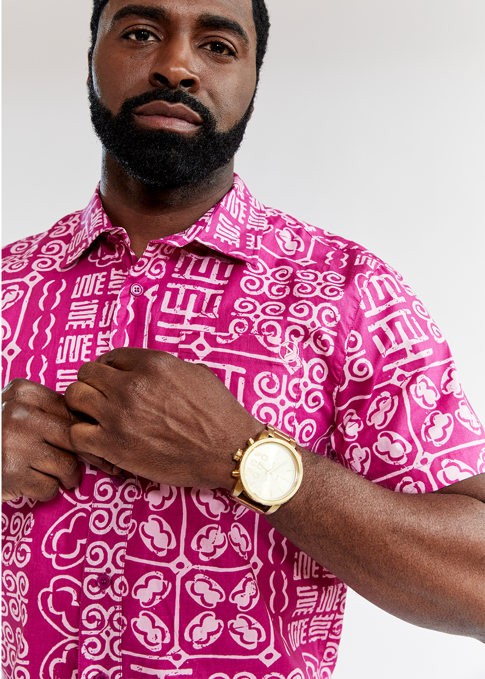 Keyon African Print Button-Up Shirt (Raspberry Adire)
