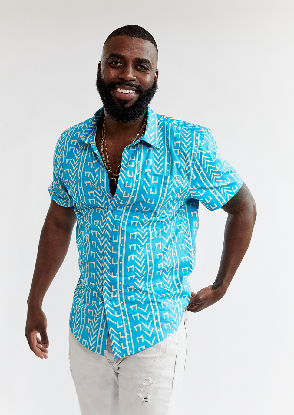 Keyon African Print Button-Up Shirt (Sky Blue Mudcloth)