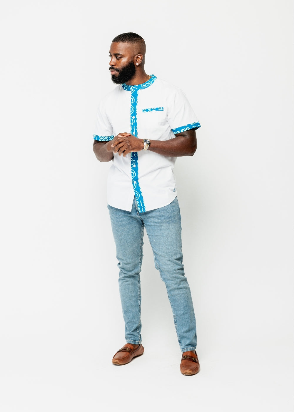 Mandari Men's African Print Color-Blocked Button-Up Shirt (White/Cool Blue Adire)