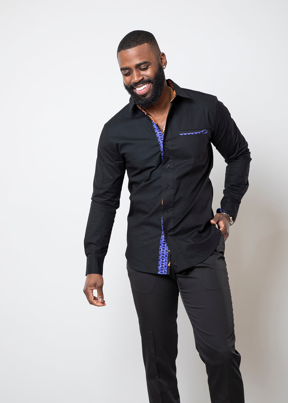 Obasi African Print Long Sleeve Button-Up Shirt (Black/Purple Mandala)