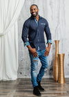 Obasi African Print Long Sleeve Button-Up Shirt (Navy Olive Kente)