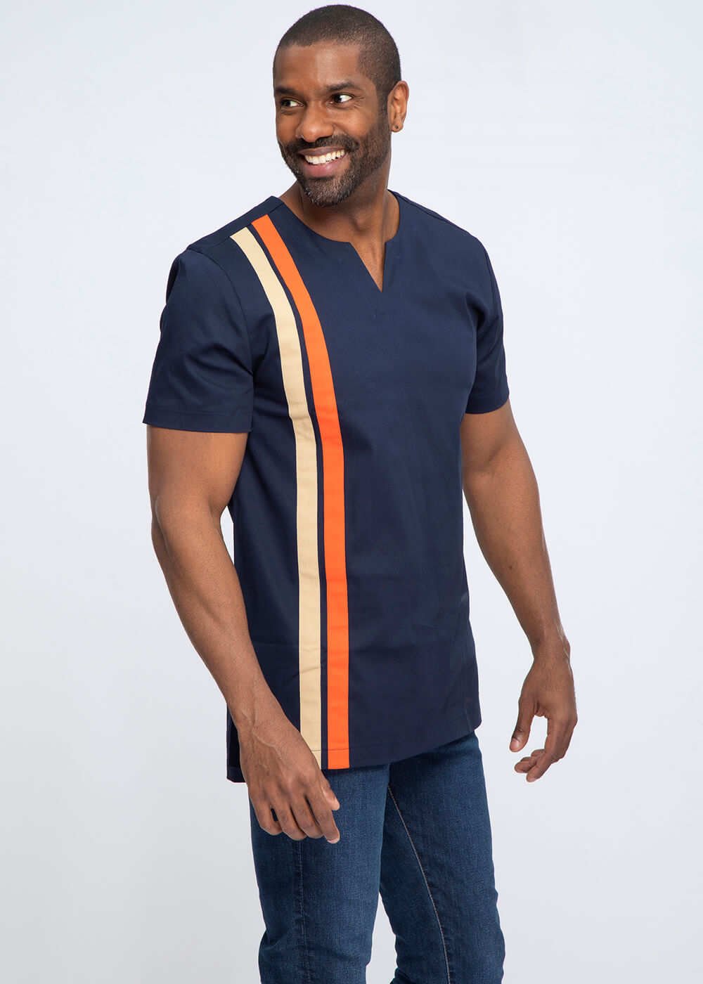 Samaki Men's Short Sleeve Traditional Top (Navy with Tan and Orange Stripes)
