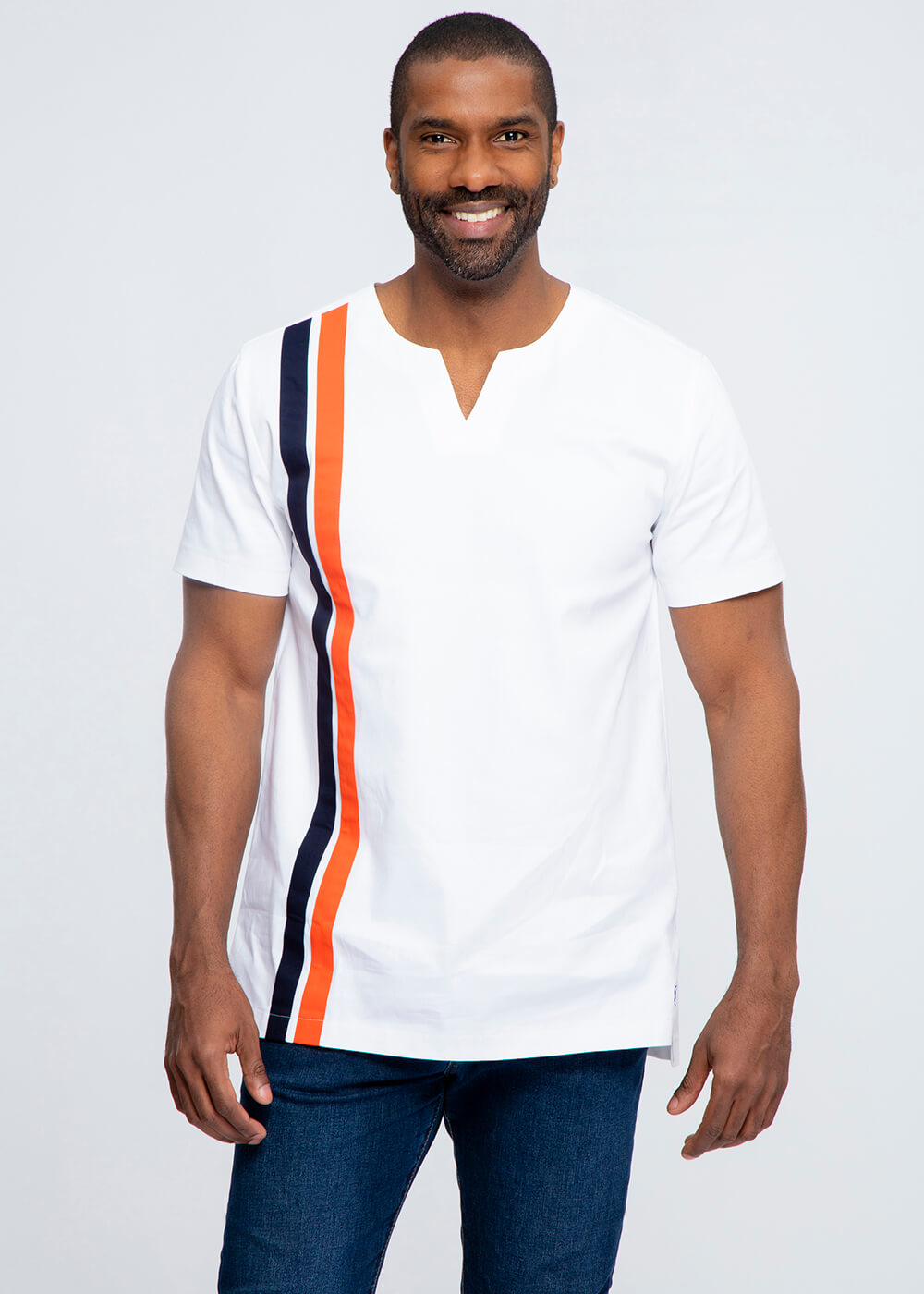 Samaki Men's Short Sleeve Traditional Top  (White with Navy and Orange Stripes)