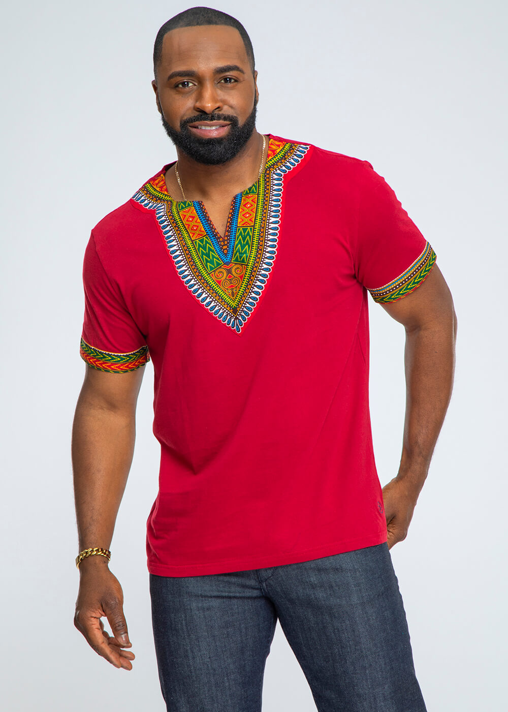 Men's African Print Men's Dashiki T-Shirt (Maroon)