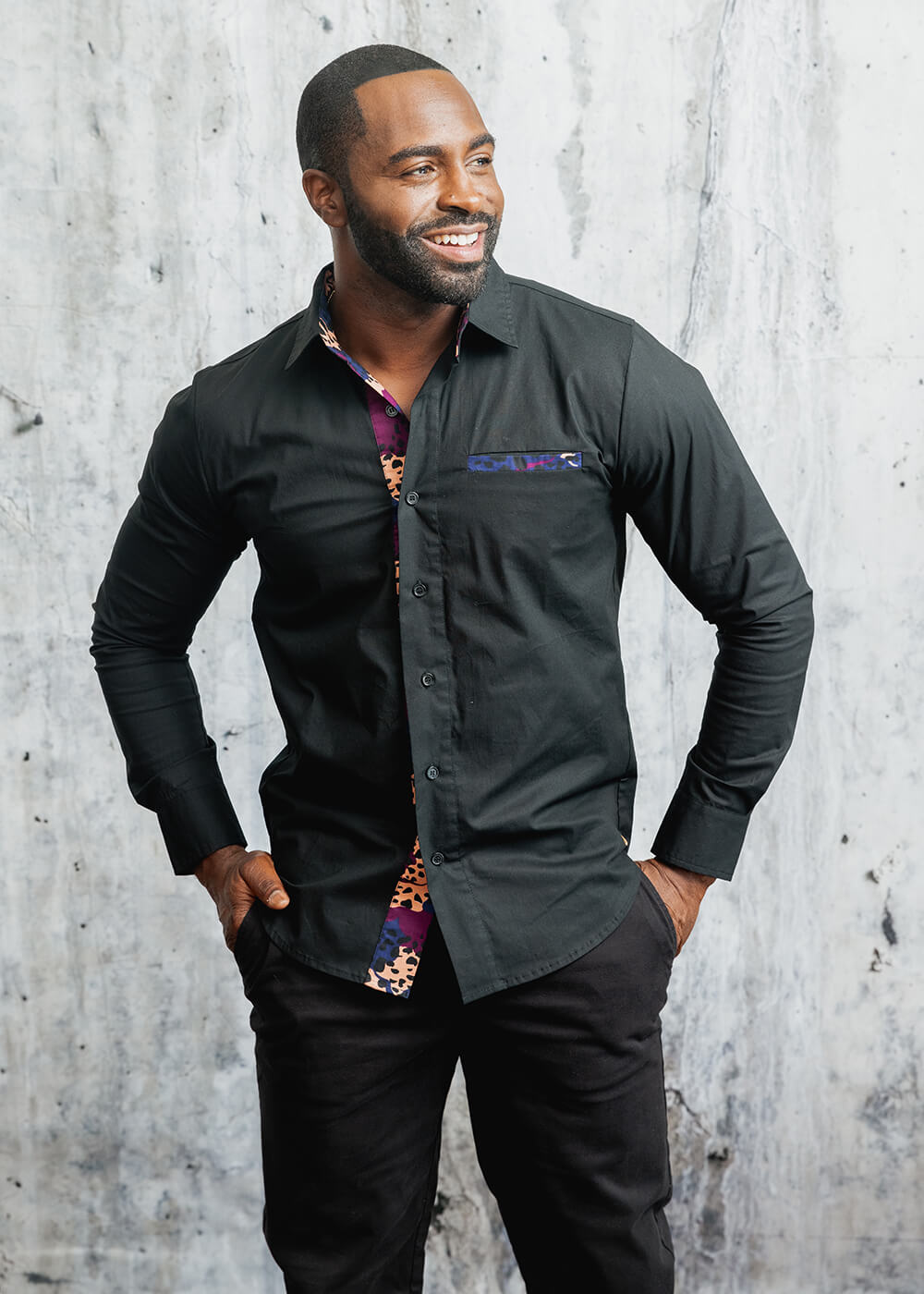 Obasi Long Sleeve Button-Up Shirt (Purple Blue Abstract)