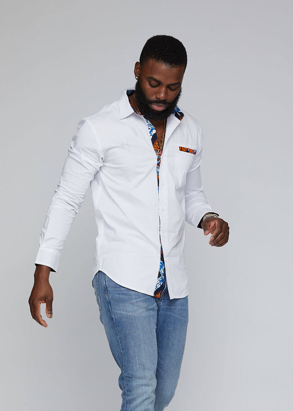 Obasi African Print Long Sleeve Button-Up Shirt (White/Navy Orange Tiles)