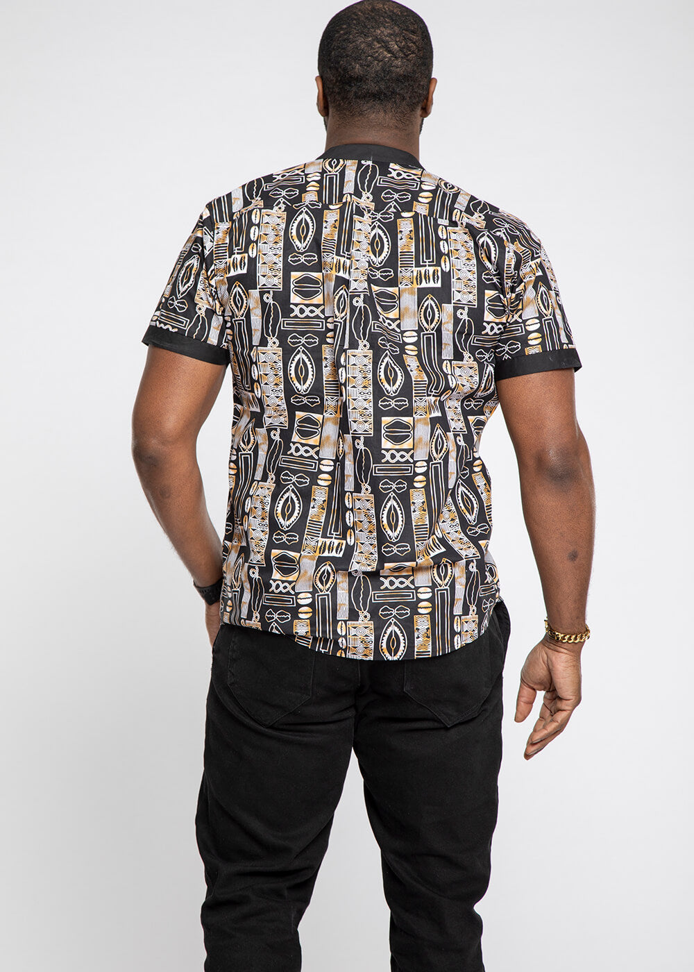 Olu African Print Mandarin Collar Button-Up Shirt (Black Tan Tribal)