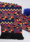Amira African Print Knit Hat with Faux Fur Puff Ball (Indigo Red Kente)