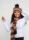 Amira African Print Knit Hat with Faux Fur Puff Ball (Brown Orange Kente)
