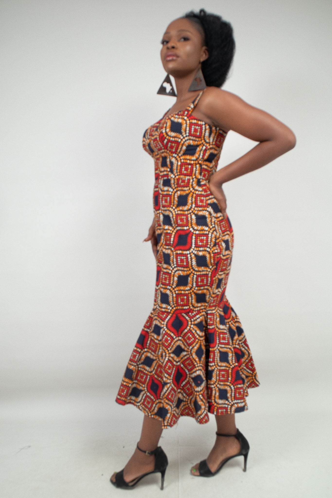 TENE African Print Pephem Midi Dress – Red | Blue