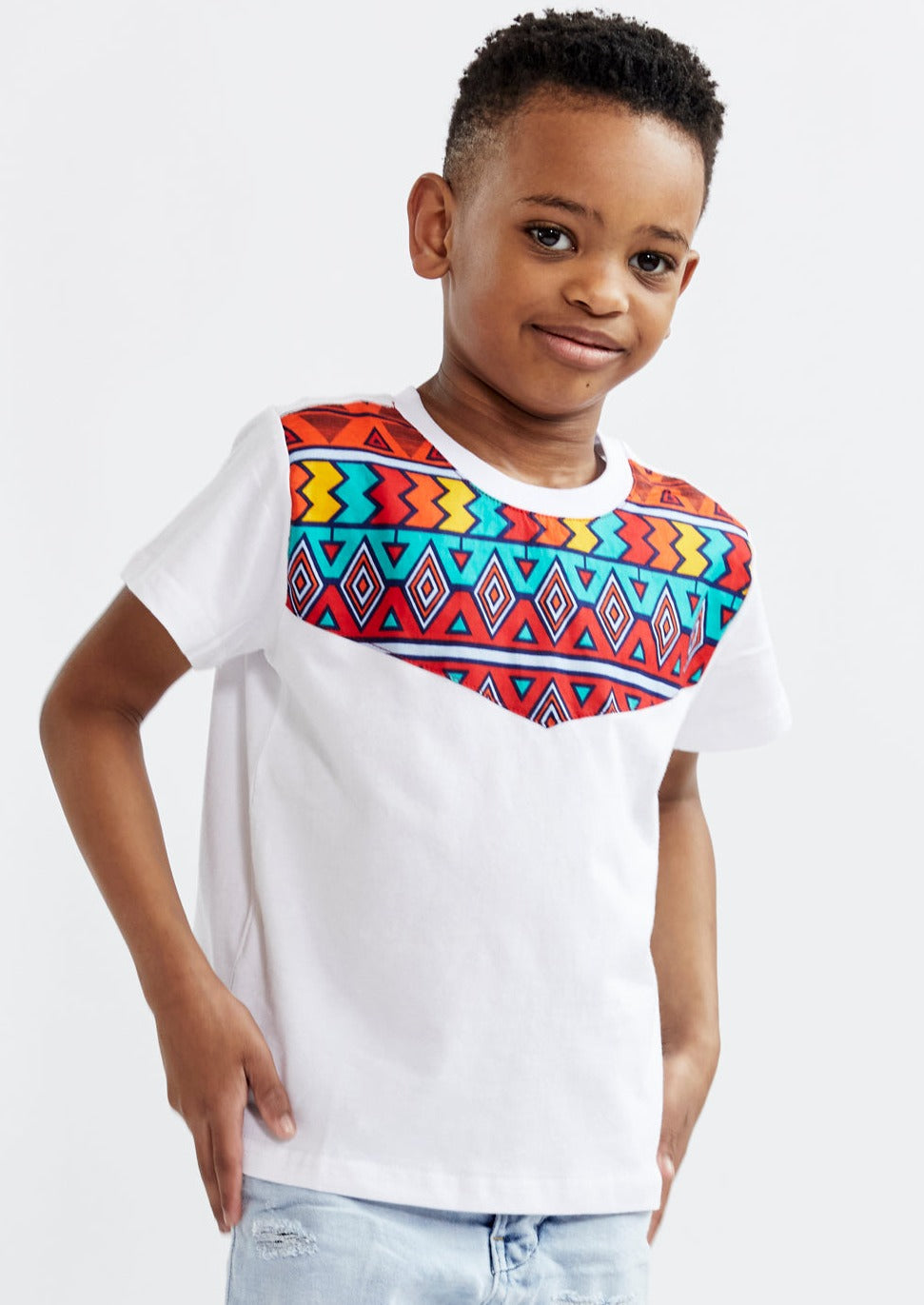 Haji Kids' Unisex African Print T-shirt (White/Rainbow Tribal)