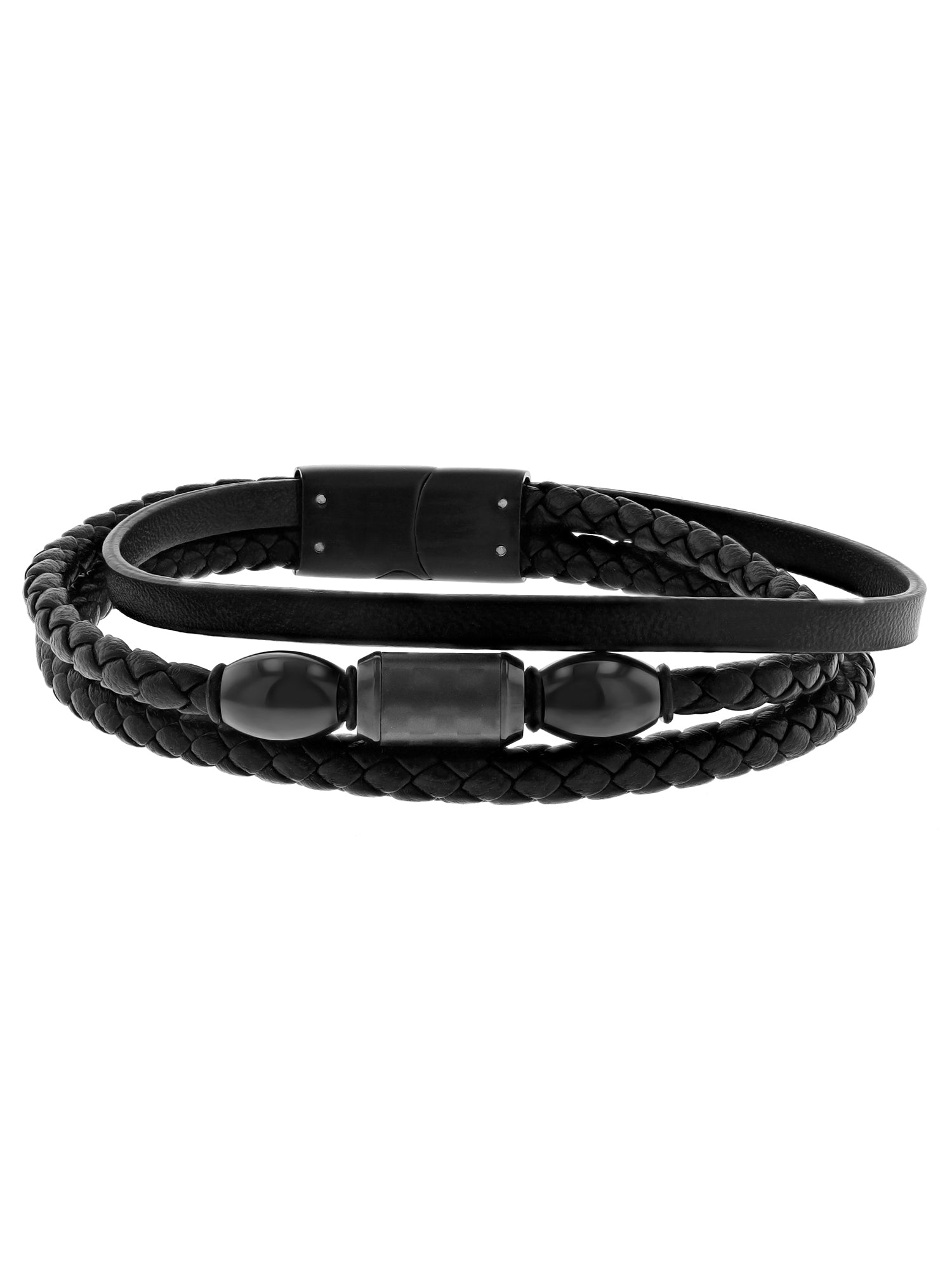 Believe by Brilliance Men’s Black Stainless Steel & Faux Leather Three Strand Bracelet