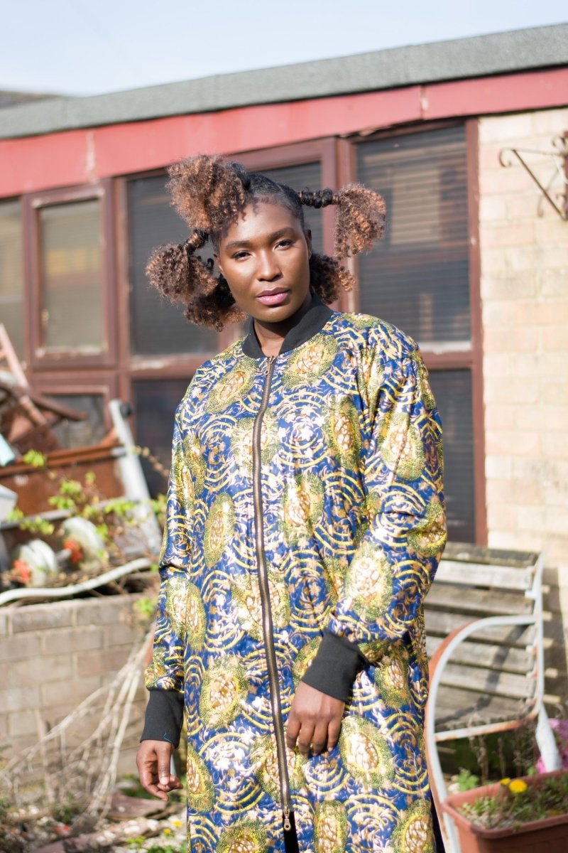African Coat in Gold Blue Ankara Print - African Trench Coat - Festival Clothing