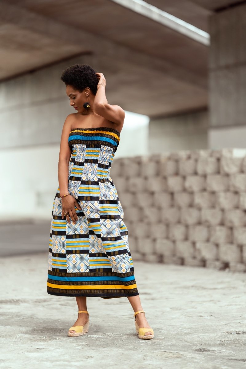 African Dress in Electric Blue Kente