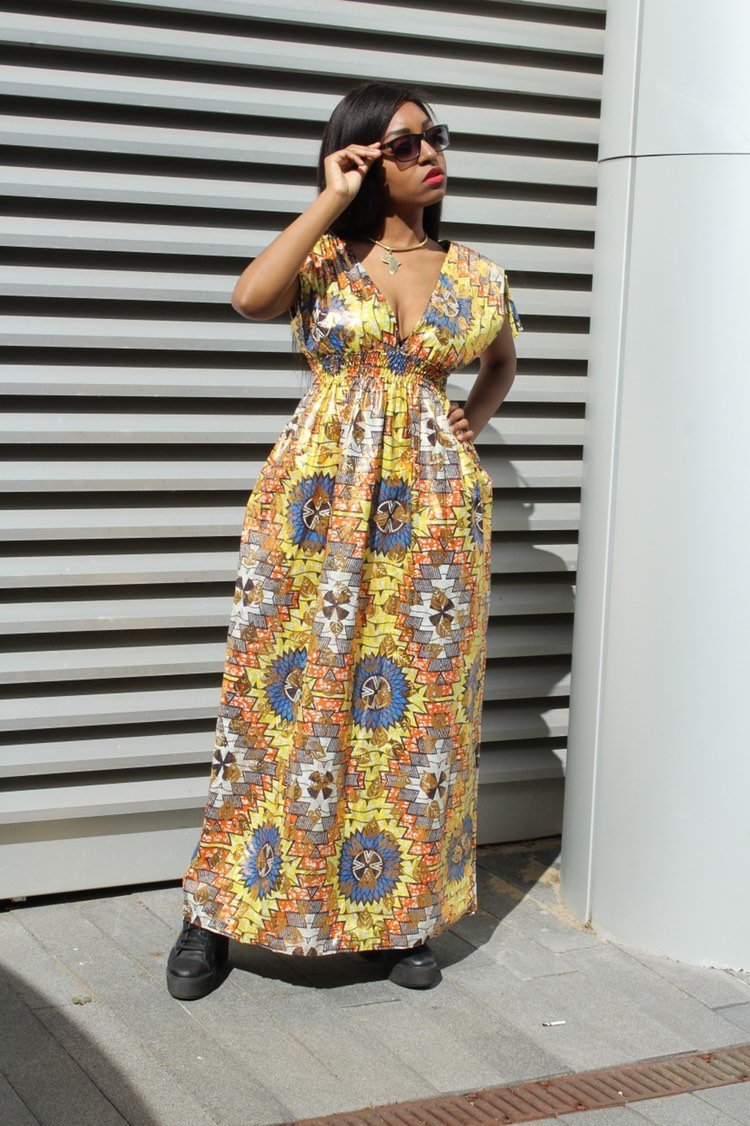 African Dress in Gold Ankara Print - Festival Dress