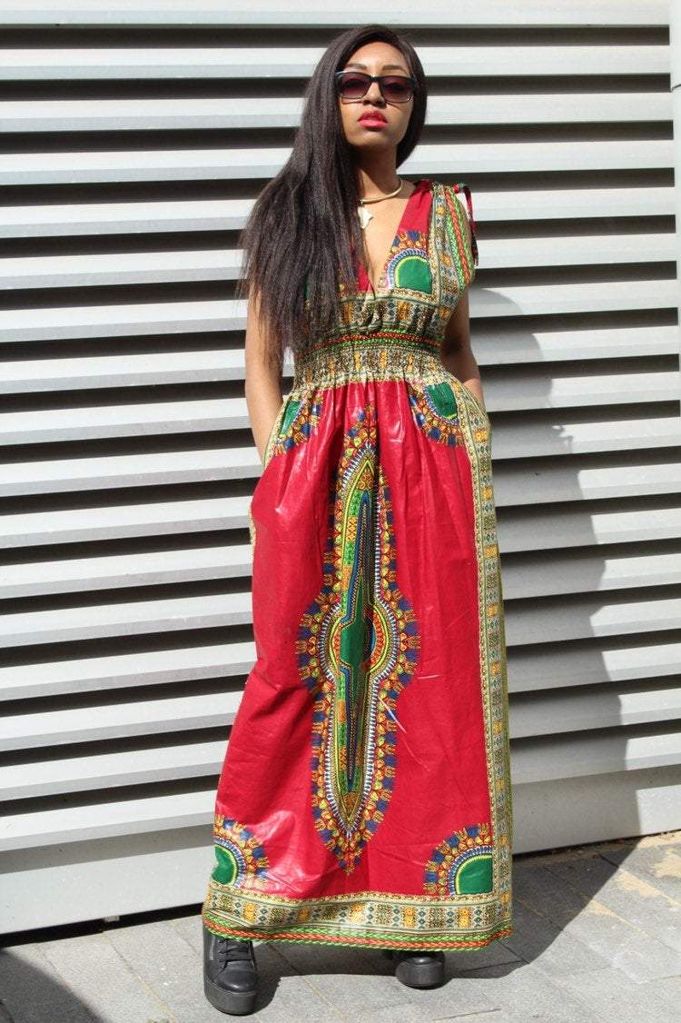 African Dress in Red Dashiki Print - Festival Dress