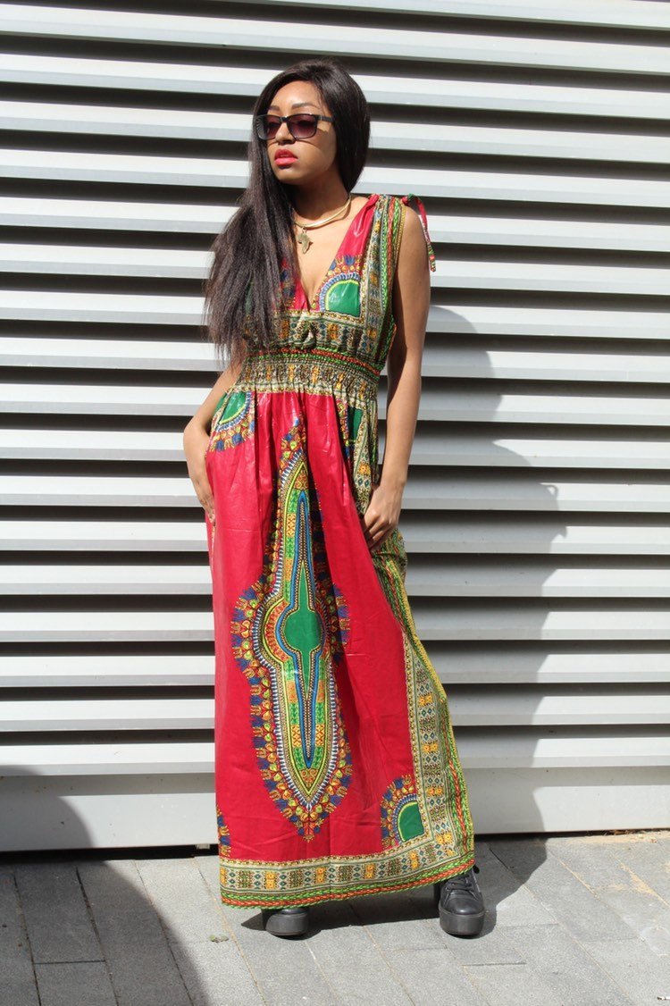 African Dress in Red Dashiki Print - Festival Dress