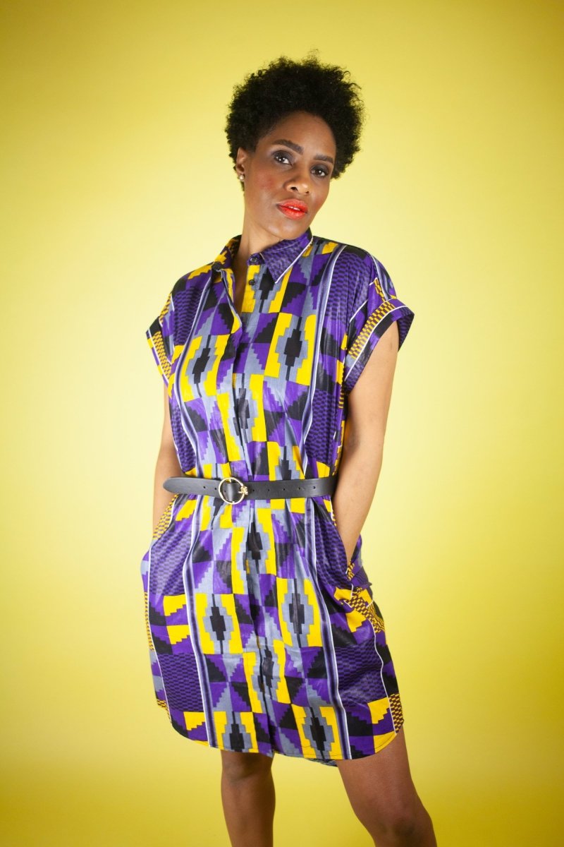 African Print Dress In Purple Kente
