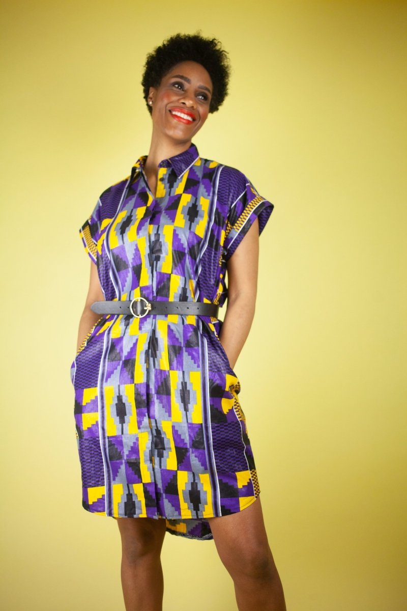 African Print Dress In Purple Kente