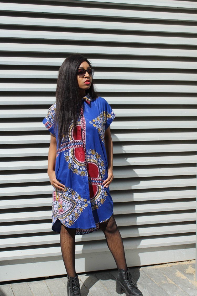African Shirt Dress in Blue Dashiki Print - Festival Dress