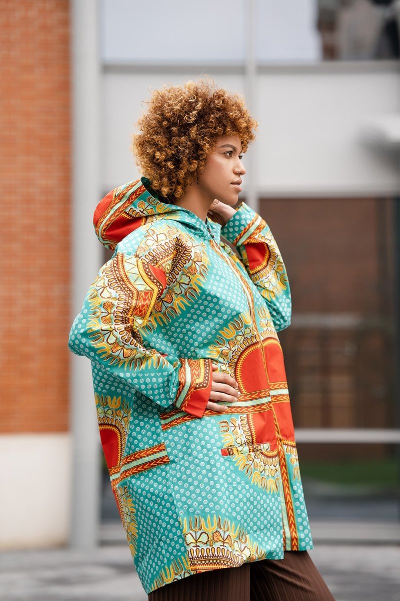 African Winter Jacket in Turquoise Dashiki