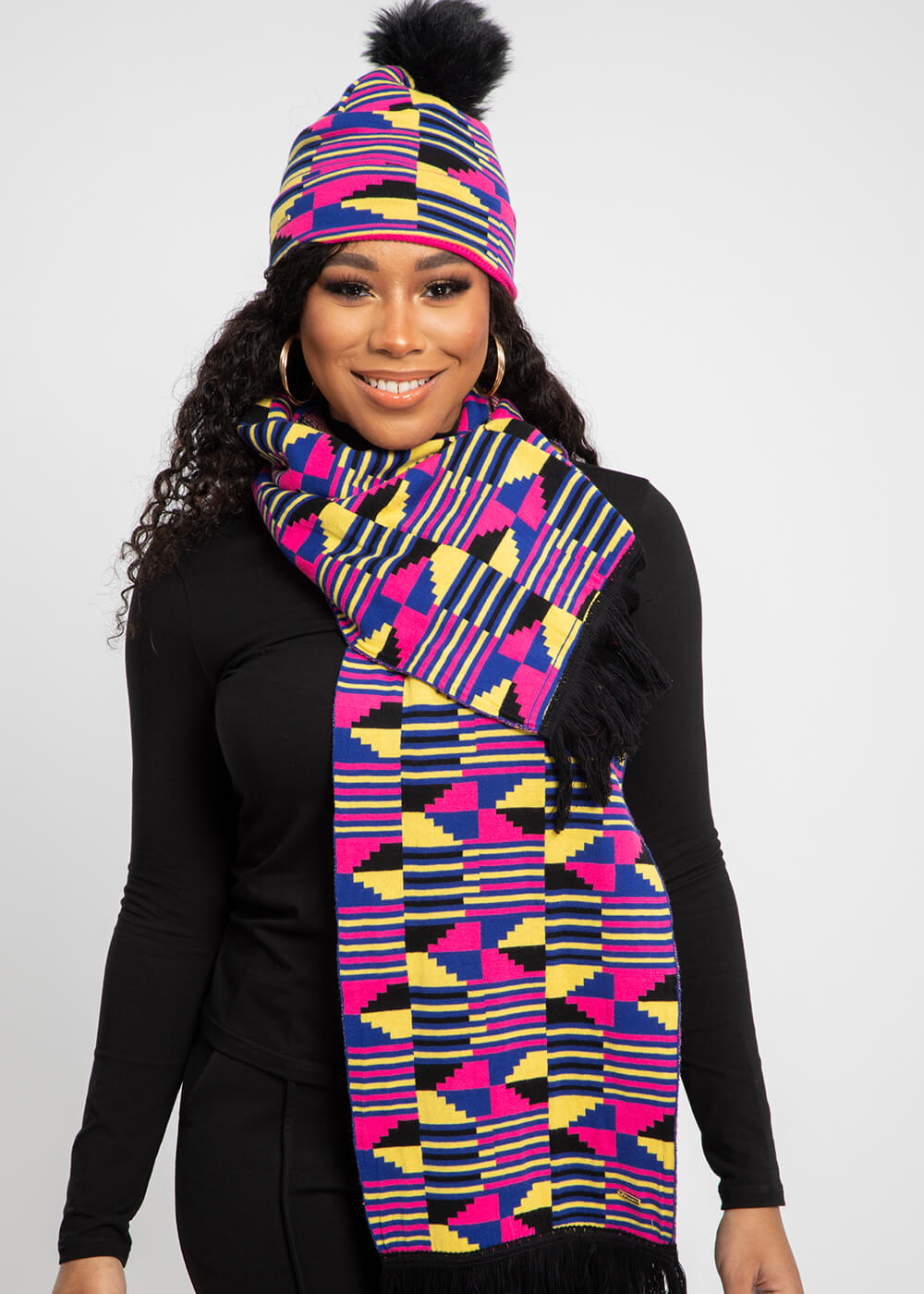 Amira African Print Knit Hat with Faux Fur Puff Ball (Pink Yellow Kente)