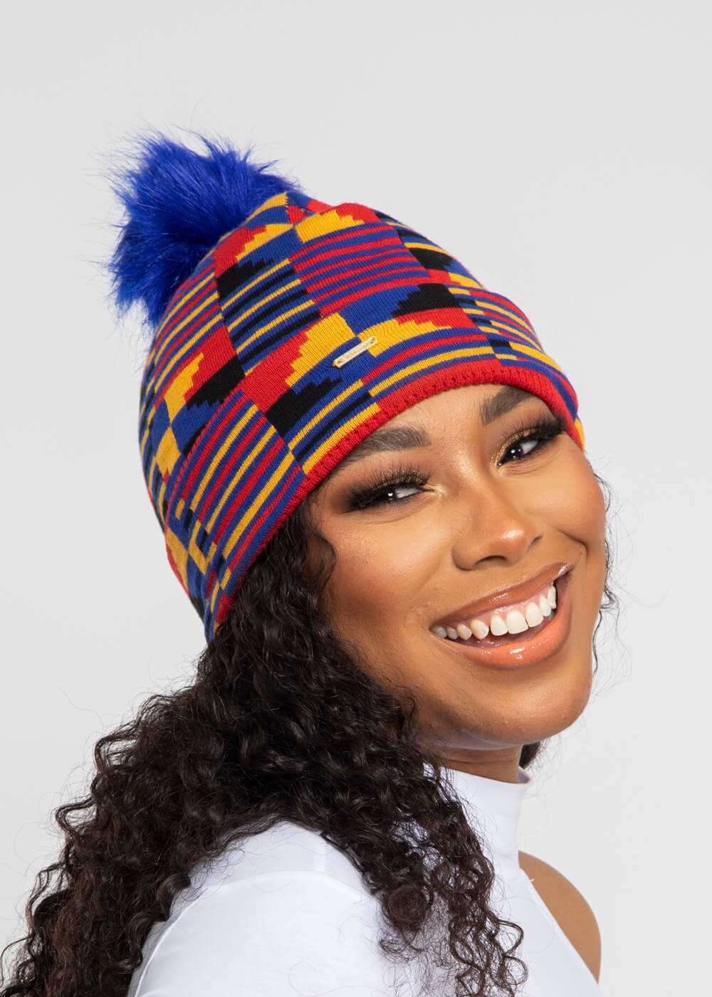 Amira African Print Knit Hat with Faux Fur Puff Ball (Indigo Red Kente)