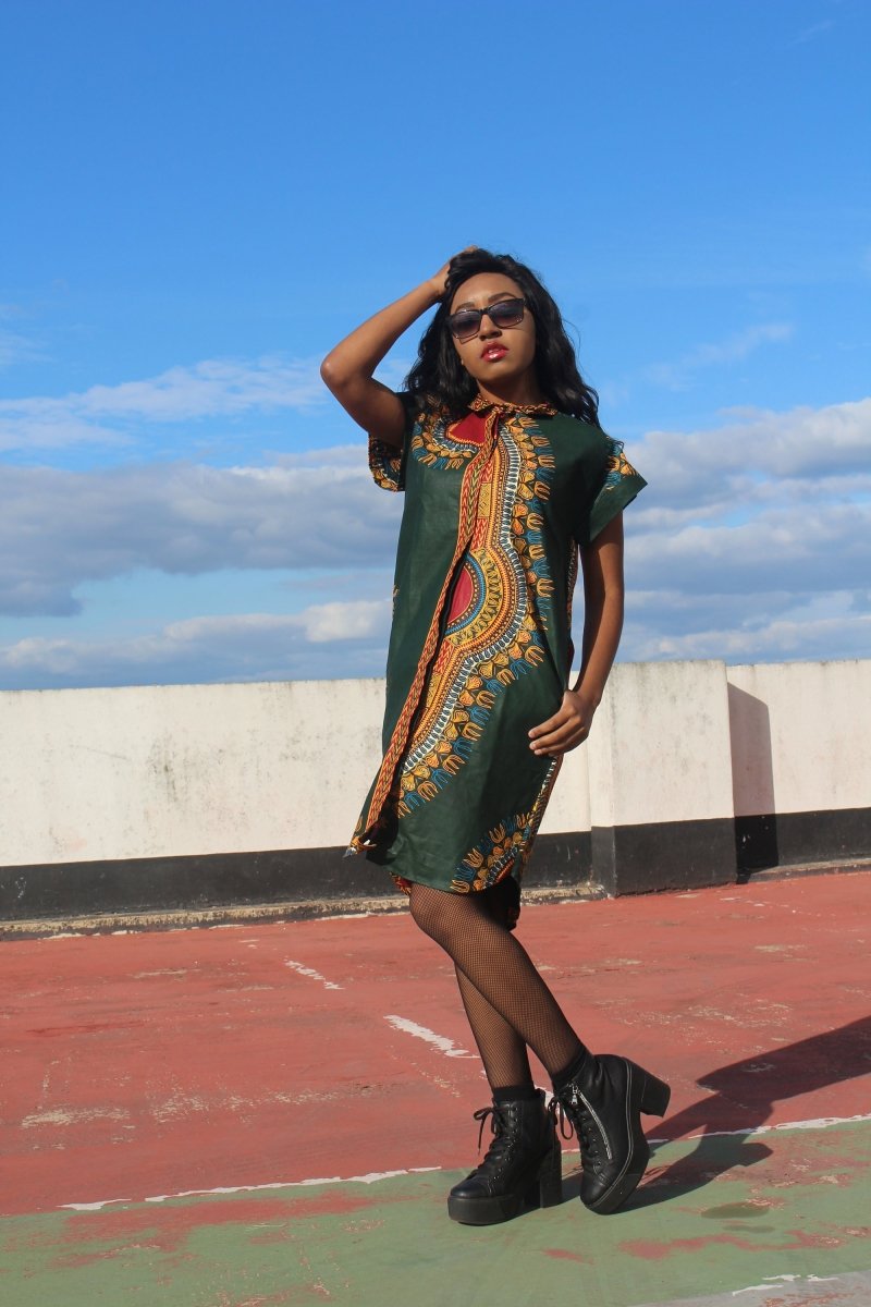 Aztec African Shirt Dress in Green Dashiki Print - Festival Dress