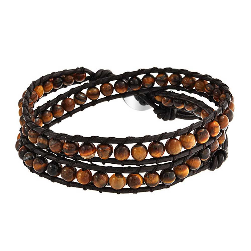 Handmade Natural Genuine Stone Brown Tiger Eye Beaded Adjustable Leather Multi-Strand Double Wrap Bracelet
