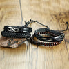 4Pcs Set Black Braided PU Leather Infinity Charm Bracelet for Men