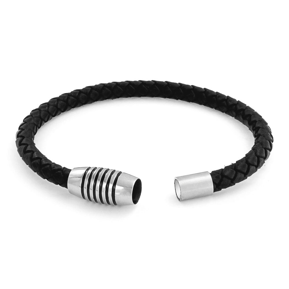 Black Woven Thin Braided Leather Bracelet w/Stainless Magnetic Barrel Clasp for Women
