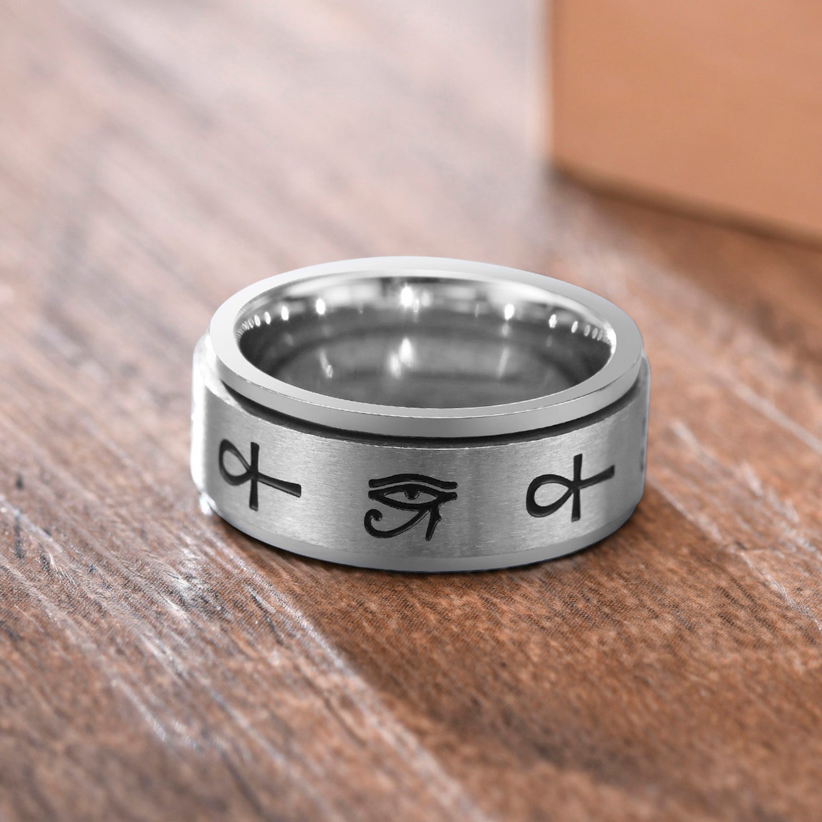 Kemite Eye of Heru Ankh Spinner Fidget Ring for Men - Stainless Steel