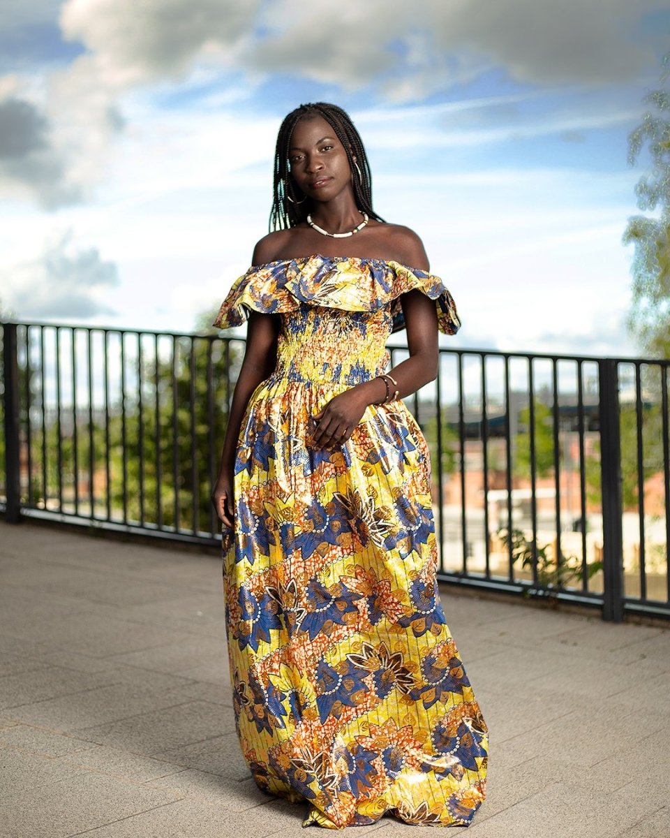 Beautiful African Maxi Dress In Metallic Gold Blue