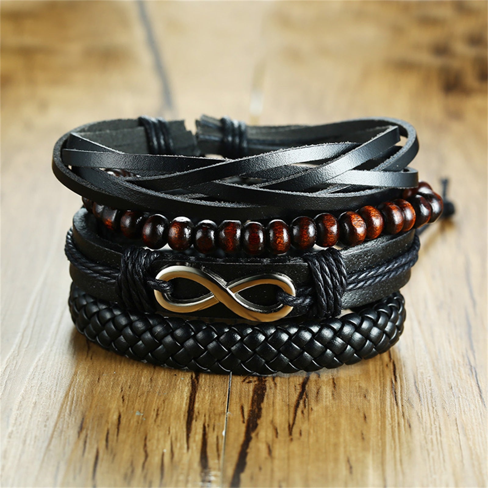 4Pcs Set Black Braided PU Leather Infinity Charm Bracelet for Men