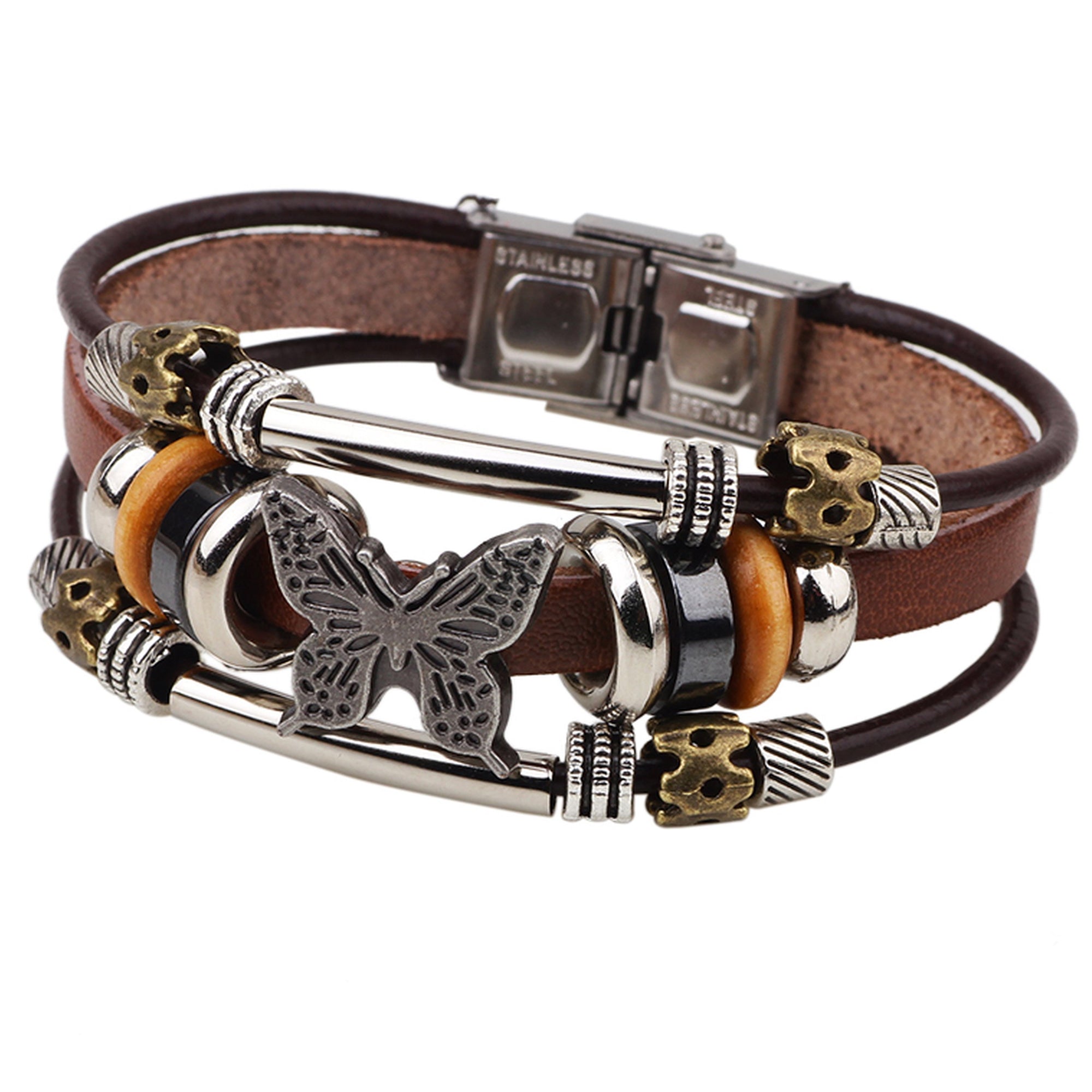 Butterfly and Bead Leather Bracelet For Women