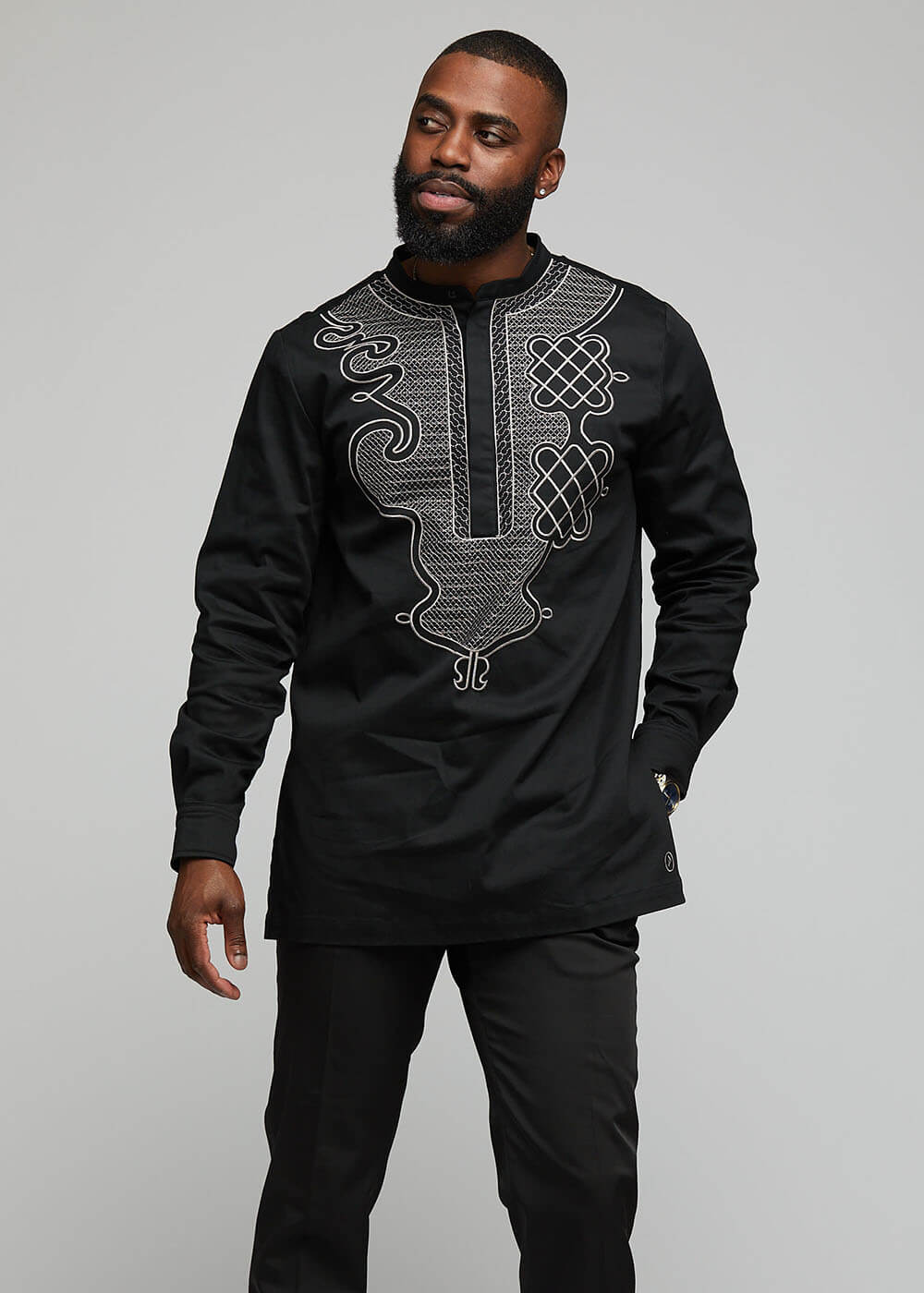 Dubaku Men's Traditional African Embroidery Shirt (Black)