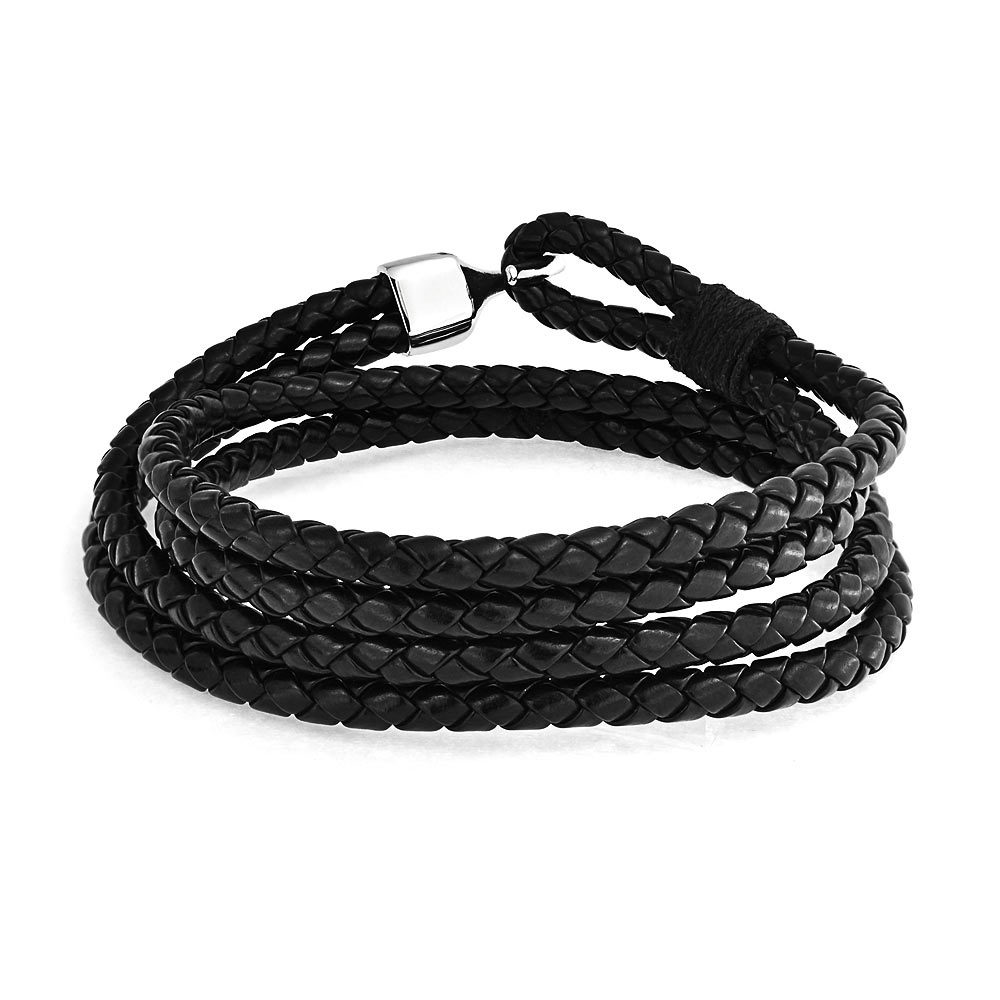 Men's Black Braided Woven Double Wrap Leather Bracelet with Silver Tone Stainless Steel Hook Eye Clasp