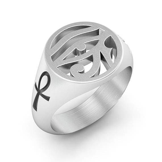 Ancient Egypt Eye of Ra and Ankh Signet Ring - Sterling Silver 925